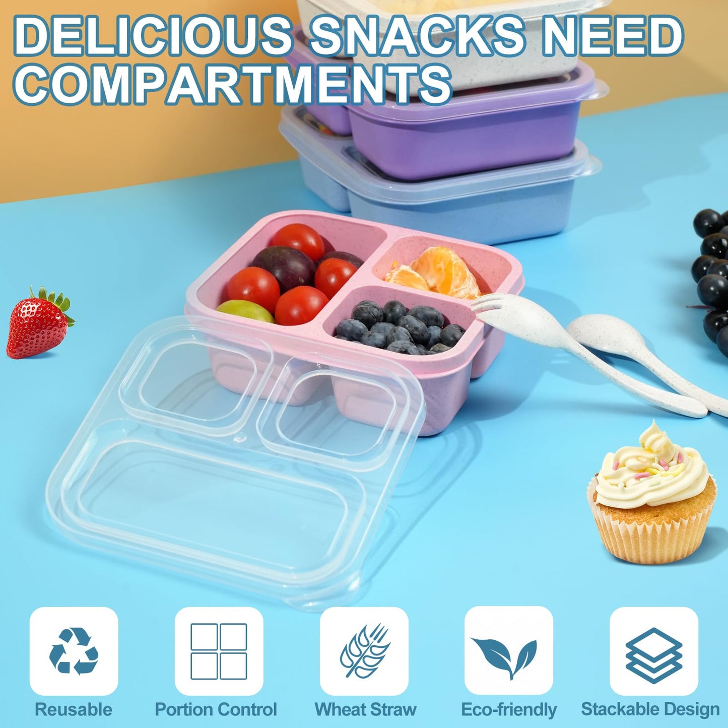 LCHLZZ 3 Compartments 4 Pack Snack Containers